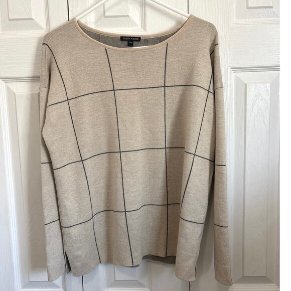 Eileen Fisher 100% Extra fine Merino Wool Boatneck Preppy Windowpane Sweater Med - Picture 1 of 6